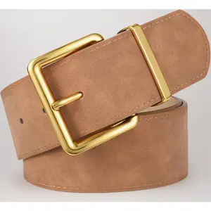 Women's Wide Chunky Suede Belt for Dresses Fashion Thick Belt with Gold Buckle