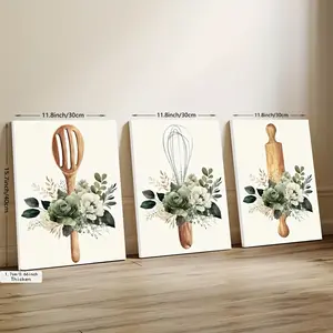 3pcs Set Framed Canvas Art Prints - Green Watercolor Floral & Kitchenware Design, Thick Pine Wood Frame - Perfect for Living Room, Bedroom, or Dorm Decor -  Home Decor Gift