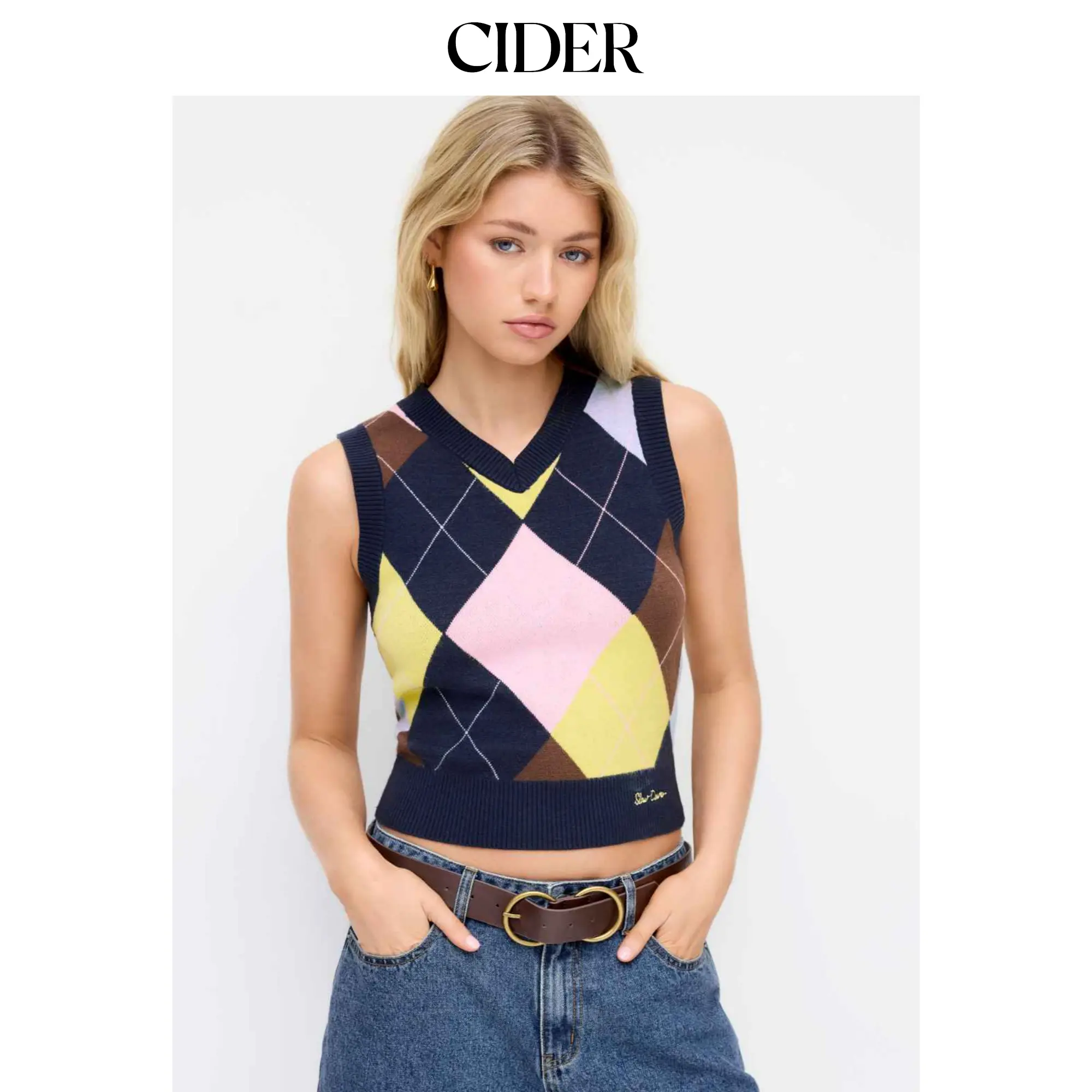 Cider Knit V-neck Argyle Pattern Contrasting Binding Vest, Sleeveless, Geometric, Casual, Tops, Knit Cropped Women's Vests