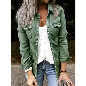 Women’s Army Green Denim Top with Ruffled Hem, Shirt Fit, Polyester, Elegant Everyday Blouse