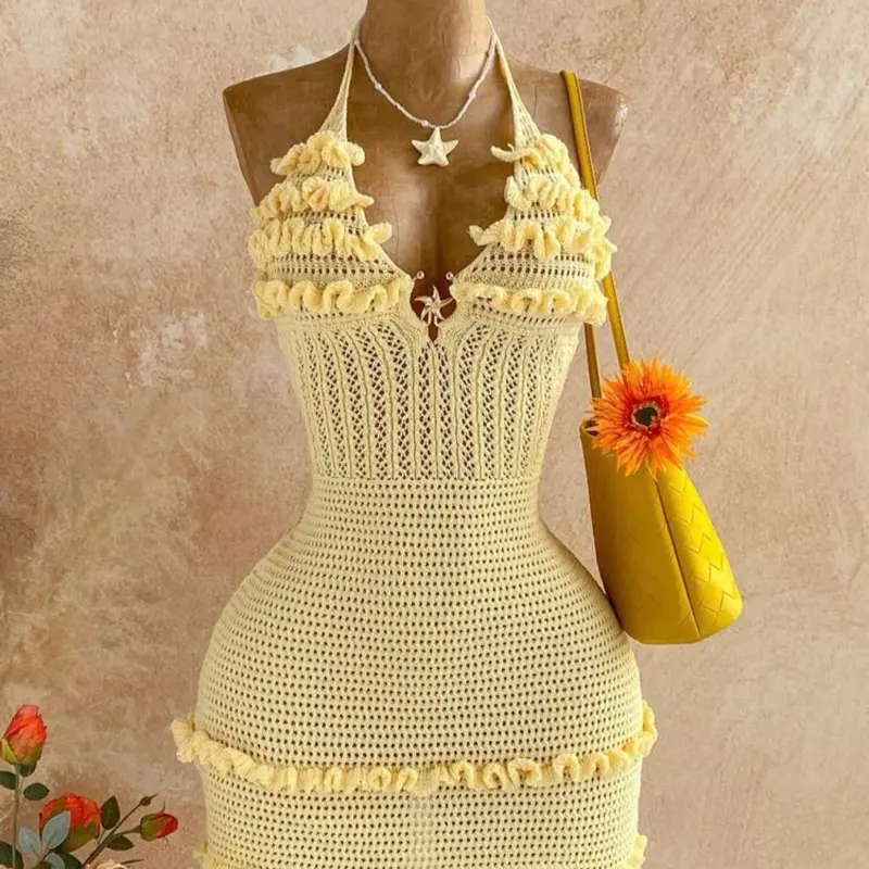 Spaghetti Strap Metallic Starfish Hollow Out Mini Spaghetti Strap Dress, Suitable For Vacation, Music Festival, Bohemian, Holiday, Date, Afternoon Tea Cover up dress