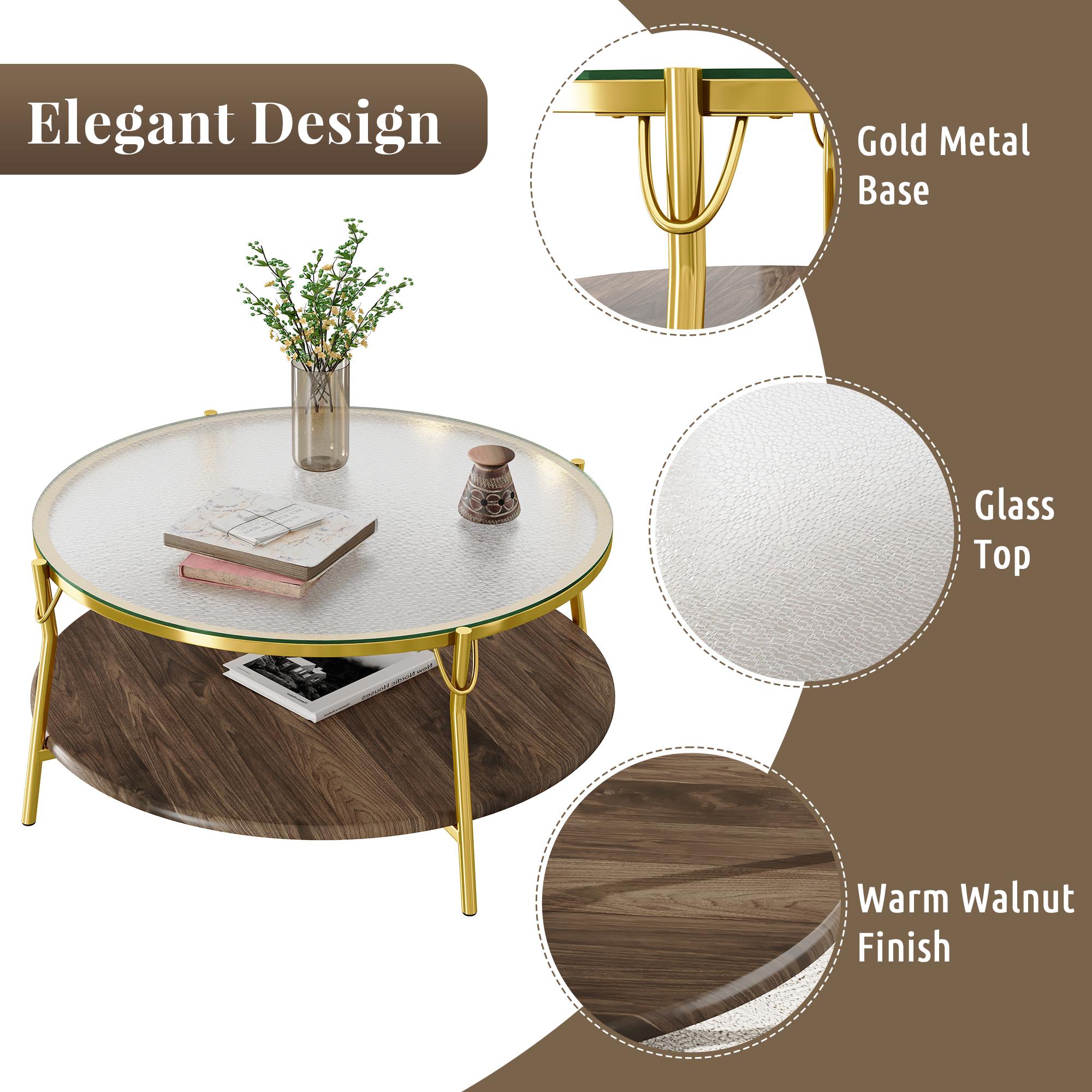 Modern Round Glass Coffee Table Walnut Storage Shelf Gold Metal Frame ...