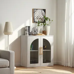 Small Buffet Cabinet with 2 Arched Glass Doors, 31.5'' Wide Modern Sideboard Coffee Bar Cabinet with Two Adjustable Shelves for Better Storage, for Living Room, Kitchen and Dining Room (Washed