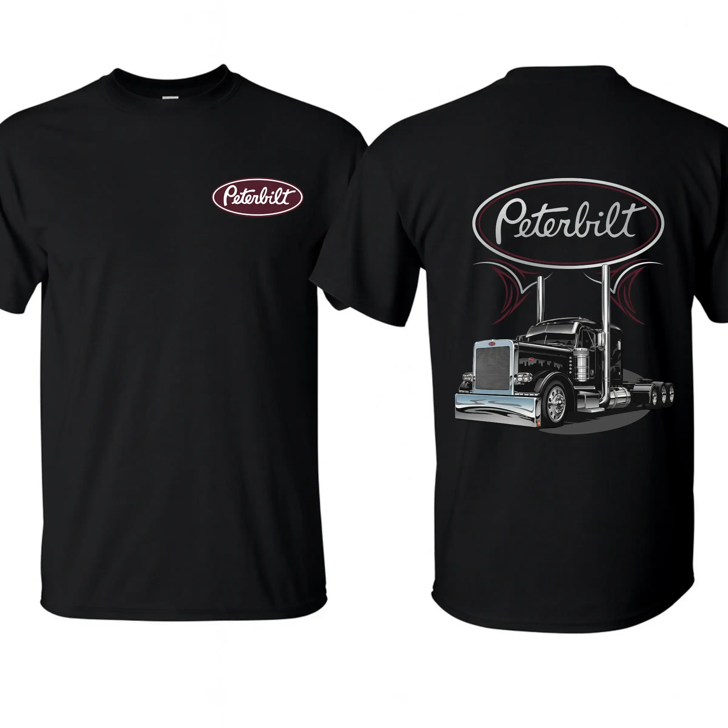 A.S Peterbilt Classic Trucker Hoodie, Chrome Semi-Truck Graphic with Dual Exhaust Pipes, Diesel Nation Peterbilt Graphic Shirt, For Truck Drivers & Rig Enthusiasts, Gift for Hauling Crew & Big Rig Fans