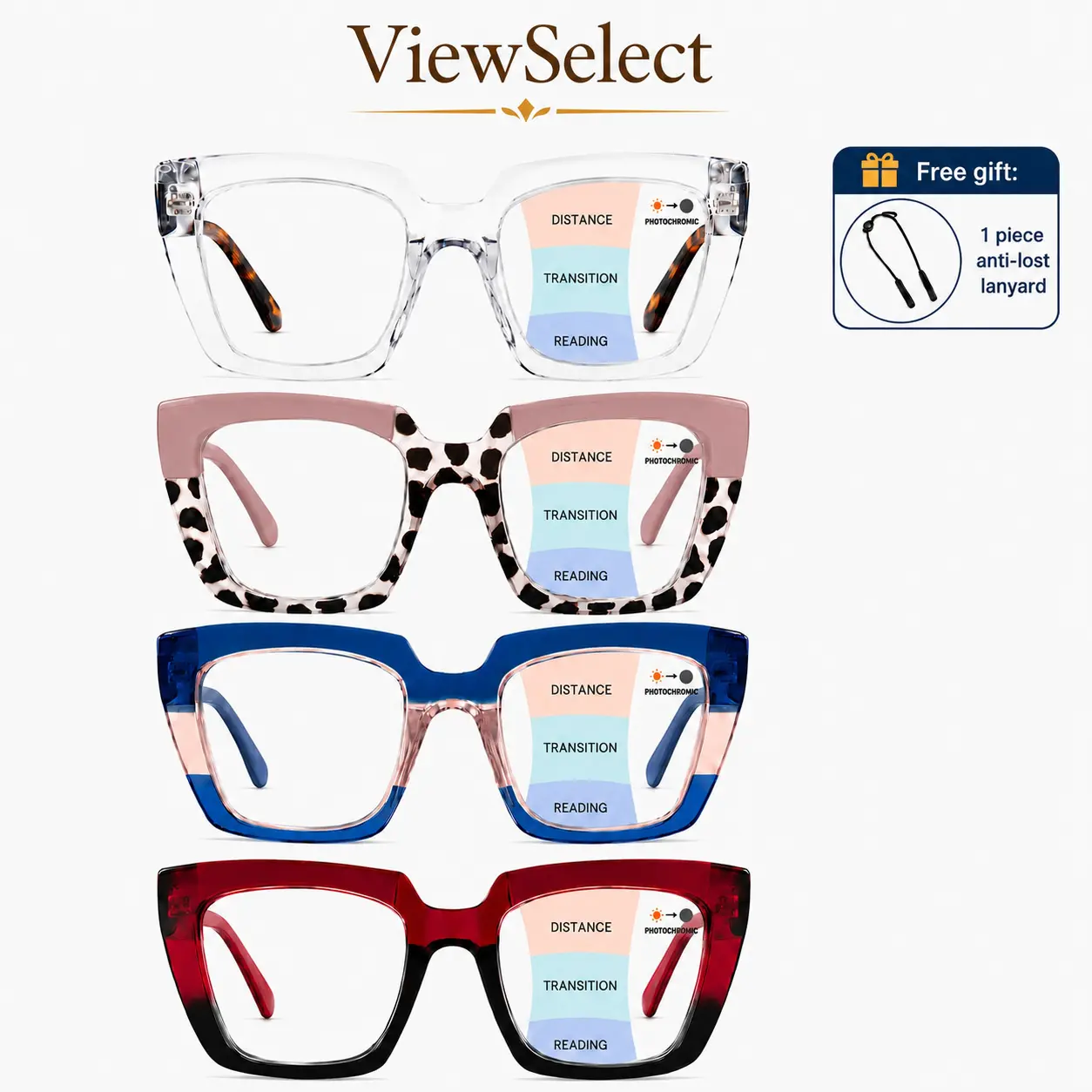 ViewSelect Non-Prescription HD Progressive Multifocal Photochromic Reading Glasses for Women and Men, Light-Adaptive for Near, Mid, Far Vision, Stylish Square Frame, Free Anti-Lost Lanyard