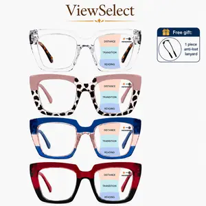 ViewSelect Non-Prescription HD Progressive Multifocal Photochromic Reading Glasses for Women and Men, Light-Adaptive for Near, Mid, Far Vision, Stylish Square Frame, Free Anti-Lost Lanyard