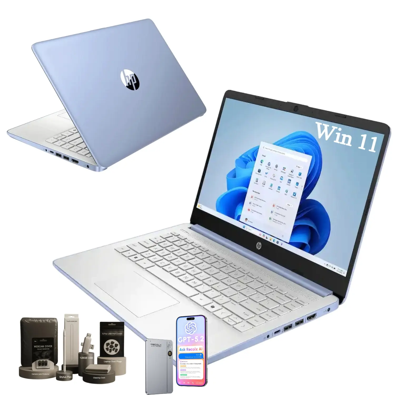 HP 14-in Student Laptop (N150 CPU), Intel Processor Up to 3.6GHz, 4GB RAM, 128GB Storage, Built-in 1-Year Office 365, Windows 11 Home Slim Computer, Bundle Acc. for School & Daily Work, Schoolwork