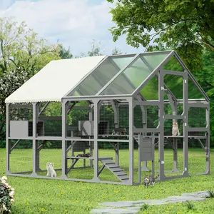 DOMISO Large Catio Outdoor Cat Enclosure, Cat Cage, Wooden Cat House with 7 Platforms, 2 Resting Boxes, 1 Bridge and 1 Ramp, Walk in Kitty Cage Kennel