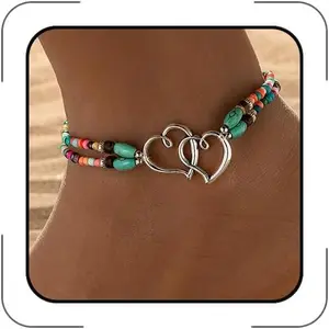 Elastic Beaded Ankle Bracelets for Women Double Heart Layered Stretch Ankle Bracelets  Dainty Boho Beaded Anklets for Summer Beach Foot