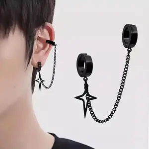 Men’s Punk Stainless Steel Fake Piercing Hoop Earrings, Grunge Dangle Chain Earrings for Streetwear Style