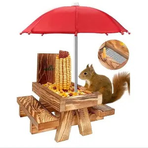 Squirrel Feeder Picnic Table – Wooden Chipmunk Feeder with Umbrella and Corn Cob Holder