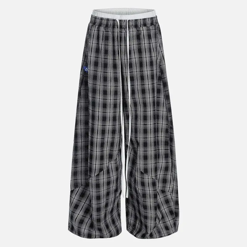 Aelfric Eden Menswear Men's Baggy Sweatpants - 55% Cotton 45% Polyester, Double Waist, Plaid Print, Wide-Leg, Vintage Y2K, Breathable, Basics, Unisex Cut, Drawstring, Shared Style Streetwear Bottoms for Back to School