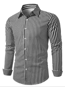 Men's Striped Print Button Front Shirt, Button Up Shirt, Casual Printed Regular Fit Long Sleeve Collared Top for Fall & Winter, Men's Clothes for Daily Wear