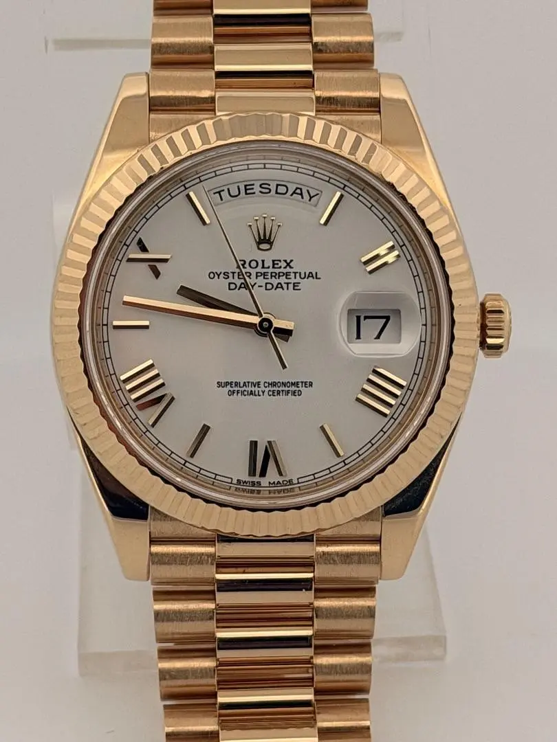 Rolex Day-Date 40 228238 White Roman Dial 40mm Automatic Yellow Gold President Bracelet Fluted Bezel Naked