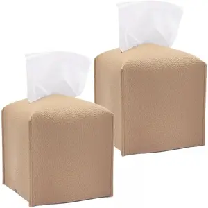 2 Pack Tissue Box Cover, Square PU Leather Tissue Holder, Decorative Facial Tissue Cube Paper Organizer Dispenser for Bathroom, Night Stands, Desk, Car 5X5X5'' - Beige, Pebble Grain