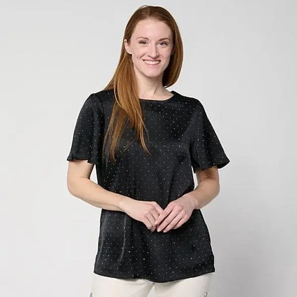 DG2 by Diane Gilman Rhinestone Embellished Flutter Sleeve Top