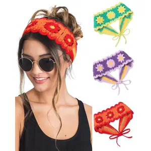 Hippie Hair Bandanas Headbands for Women Boho Headband Knit Hair Bands Floral Head Wrap for Girls(red+green+purple)