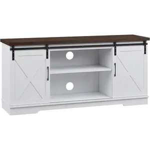 Farmhouse TV Stand for 65 Inch TV Entertainment Center with Sliding Barn Door and Adjustable Shelves Modern Media Console Wood Television Stand for Living Room White and Brown