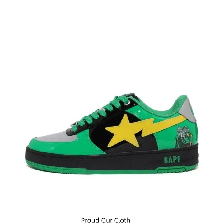Green Black Gray Color Block Patent Leather Low Top Sneakers Yellow Star Graphic Green Laces Black Sole Cartoon Print Side Panel Streetwear Skate Casual Shoes