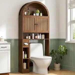Arched Over The Toilet Storage Cabinet , Above Toilet Bathroom Organizer, 4 Tier Bathroom Cabinet Shelves with Toilet Paper Holder, Mid Century Modern Storage Rack, Tall, Wide, Walnut summerwins