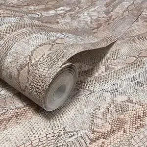 Snake Skin Wallpaper, Brown Embossed Textured Wall Covering, Faux Leather Wall Paper, Double Roll 396" x 21", Eco-Friendly, Made in Ukraine, Unpasted Traditional Paper Wallpaper (Not Peel and Stick)