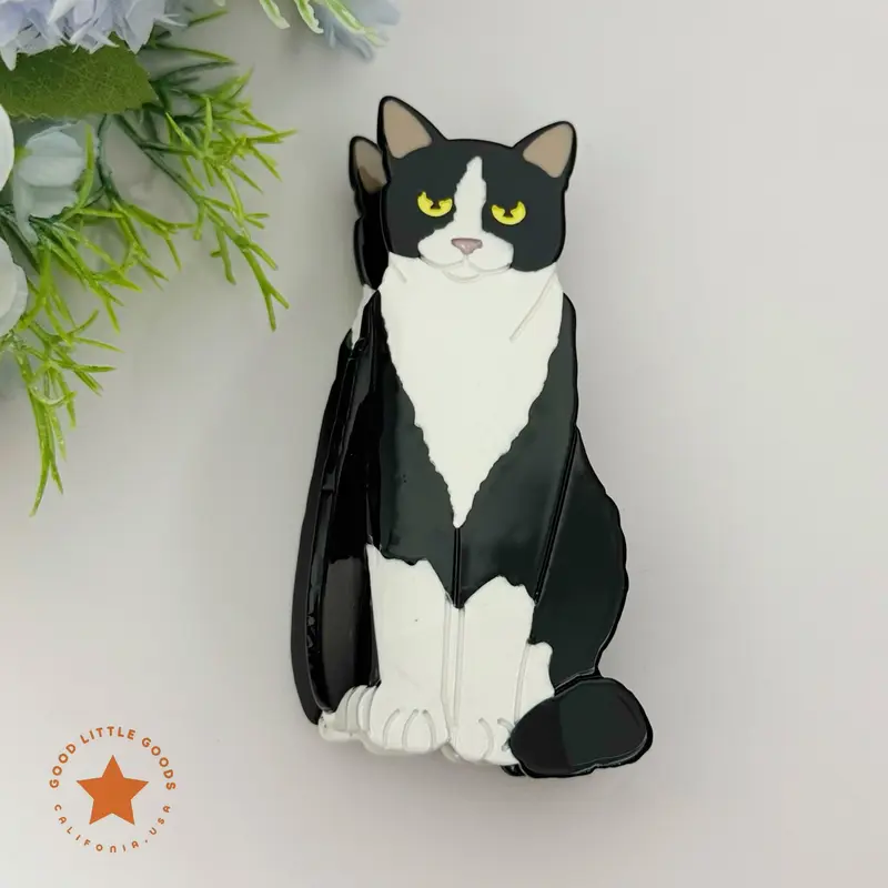 Tuxedo Cat Double-Sided Durable Plastic Clip for Women & Girls, Cute Cat Inspired Gift Design for Catlover, Premium Hair Accessory for Catmom, Wife, Her, Bestie, BFF