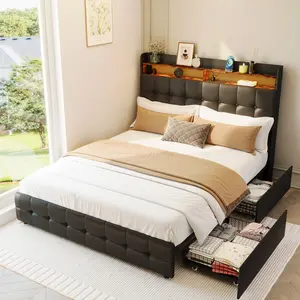 Modern Upholstered Bed Frame with LED Headboard, 2 Storage Drawers, Double-Layer Padded Headboard, Charging Socket & USB, Soft Cushy White Fabric, Contemporary Bedroom Furniture