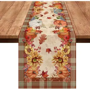 Fall Table Runner, Fall Runner for Table 13 x 72 Inches Long, Autumn Pumpkin Plaid Leaves Runners for Home Kitchen Dining Decoration