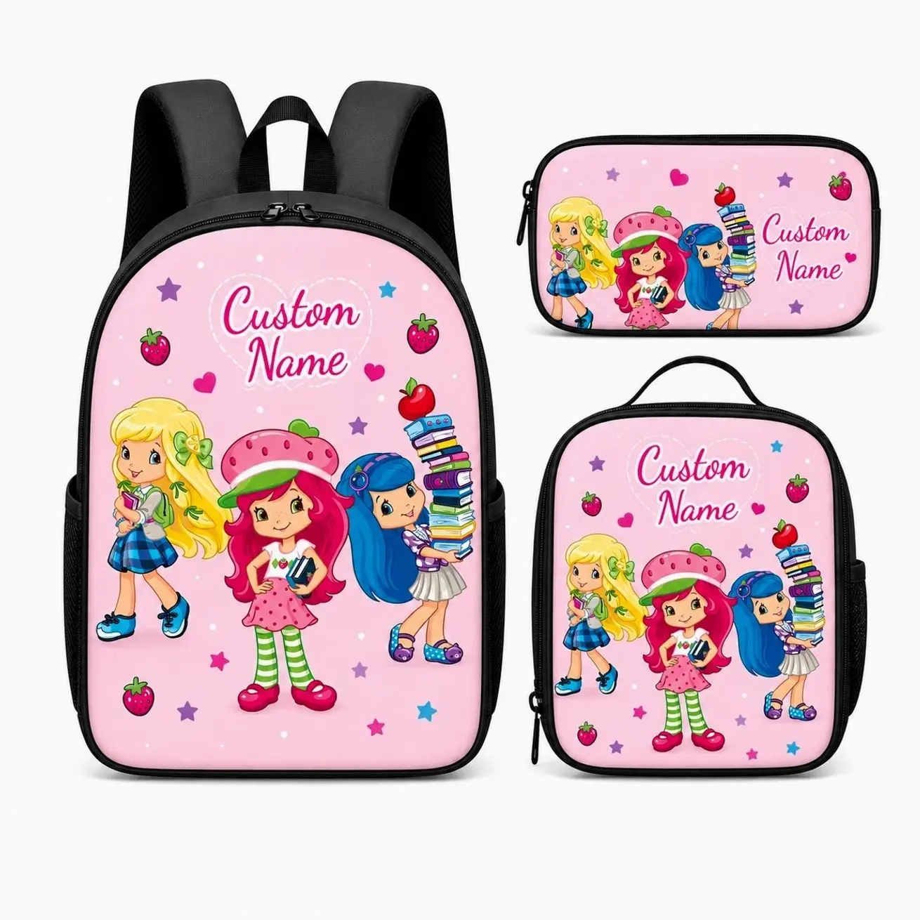 Custom Name Strawberry Garden Student Backpack Set | 3Pcs Schoolbag Insulated Lunch Bag Pencil Case | Personalized Back to School Gift for Girls
