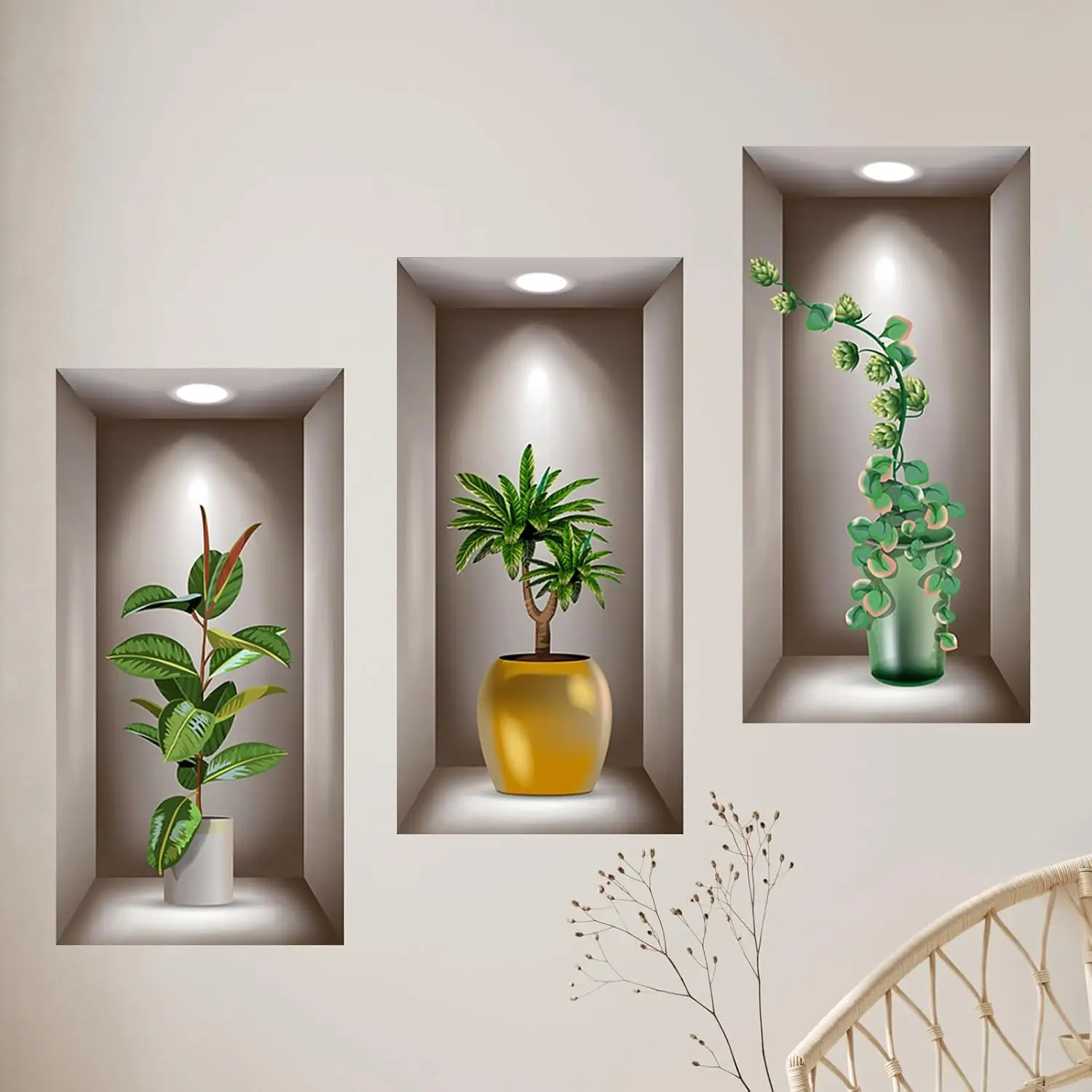 3D Potted  Wall Stickers Set of 3 Green  Leaves Wall Decals Peel and Stick 3D Magic Wall Art Sticker for Living Room Bedroom Aisle Entrance Sofa Backdrop Yoga Room Home Decor