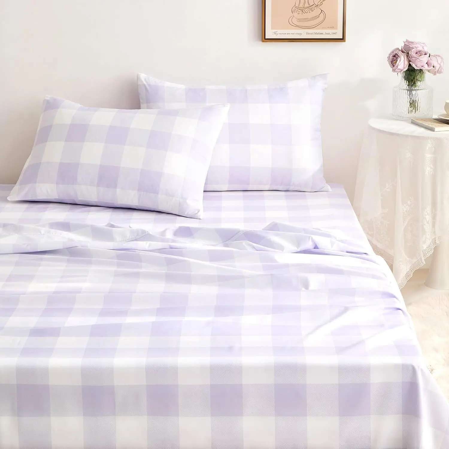 Ggham 4-Piece Geometric Buffalo Check Bedding Sheet Set, Deep Pocket, Lightweight, Synthetic, Durable, Avoid Ironing, Cold Wash Compatible