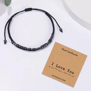 Vintage Women Men Morse Code Braided Bracelet Casual Adjustable Rope Woven Morse Code Bracelet Unisex Stones 'I Love You' Beads Bangle Chain Bracelet Jewelry Gift