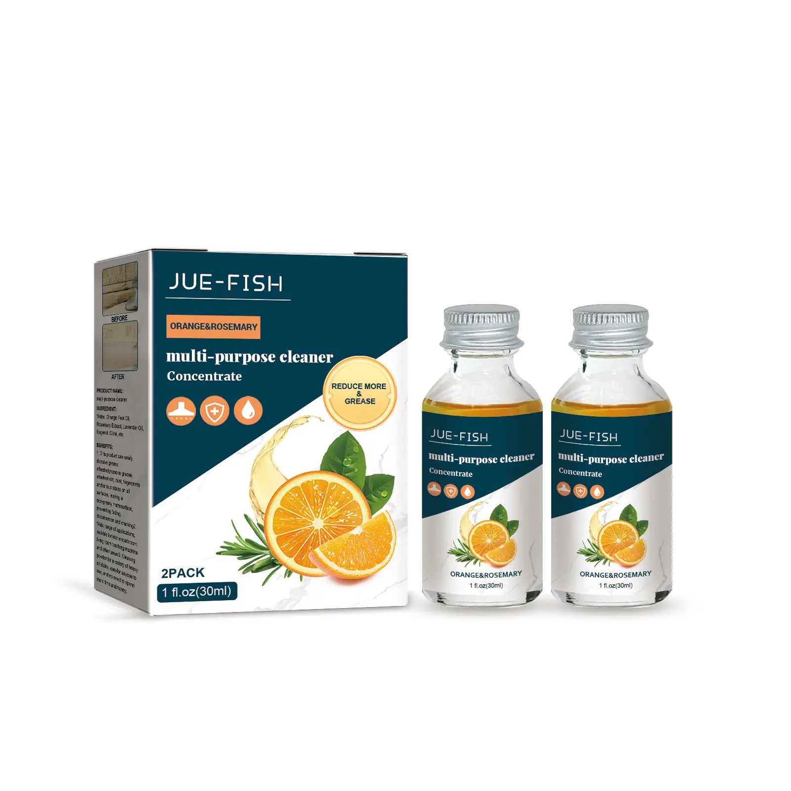Jue Fish Concentrated Multi-Purpose Orange Spray Cleaner, Antibacterial Plant-Based Natural Nontoxic Home Supply, Odor Control Kitchen Cleaner for All-Surfaces, Range Hood Heavy Oil Stains & Black Scale Removal, Plant-Based Kitchen Cleaners