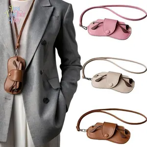 PU Leather Eyeglass Case, Portable Sunglasses Pouch with Lanyard, Anti-Pressure Protective Glasses Storage Bag for Reading Glasses & Sunglasses