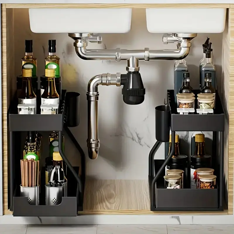 1pc 2-Tier Pull-Out Plastic Storage Organizer Box - Space-Saving Drawer Organizer with Durable Plastic Construction, Large Capacity for Kitchen & Bath