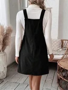 Women's Solid Color Adjustable Strap Pinafore Dress, Elegant Fashion Casual Pocket Design Fitted Stretchy Short Dress for Daily Outdoor Wear, Ladies Dress for All Seasons