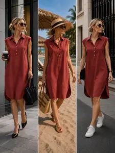 2026 Summer New Arrival Style Casual V-Neck Button Sleeveless Slit Linen Cotton Dress, Elegant and Comfortable Design