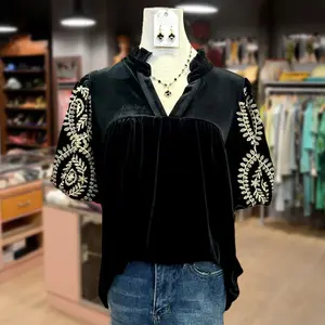 Cherrybetty Elegant Floral Embroidered Puff Sleeve Velvet Top Casual Womenswear going out tops cute tops for women women's tops winter outfits for women