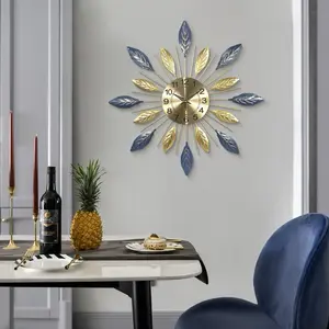 ”24" Silent Non-Ticking Wall Clock - Modern 3D Metal Leaf Design, Blue & Gold - Large Decorative Clock for Living Room, Bedroom, Kitchen