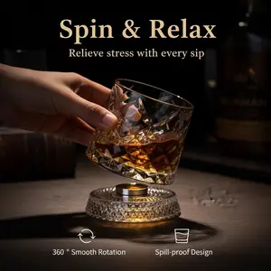 Rotating Base Whiskey Glass – Luxury Diamond-Cut Crystal Cup for Bourbon/Scotch | Unique Spin Design for Bar & Home, Best gift for him