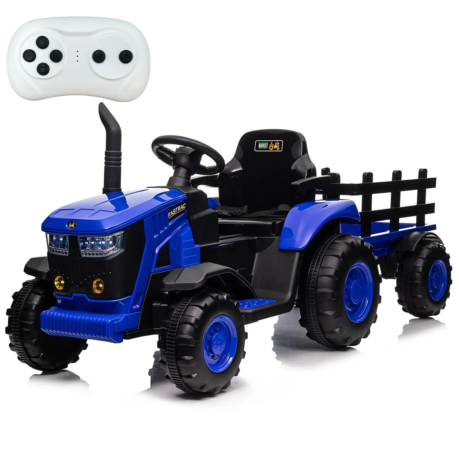 【Christmas Gift】Kids Ride On Tractor with Remote Control, 12V Battery Powered Electric Tractor with Detachable Trailer, 35W Dual Motors, Bluetooth Music/USB, 3-Gear-Shift, Safety Belt, 7-LED Lights for Boys and Girls