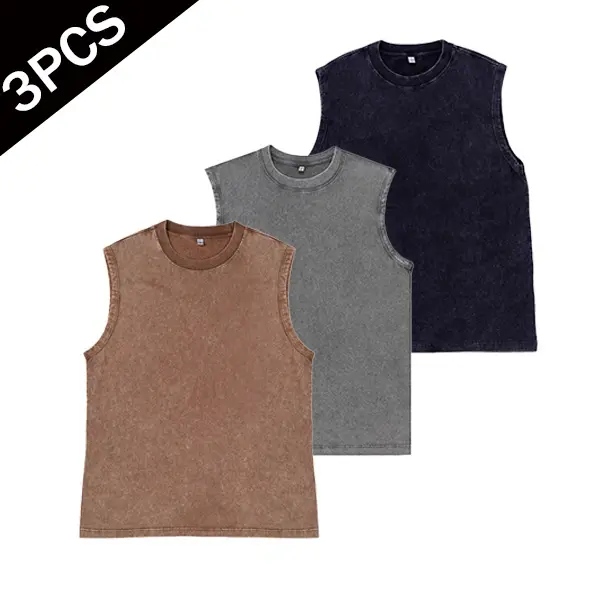 [Summer Vibes]Retro heavyweight pure cotton 3-pack sleeveless sports tank tops — distressed T-shirt style, European/American street style, suitable for both men and women, available in multiple colors