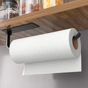 Paper Towel Holder Under Cabinet, Self-Adhesive or Drilling Installation, Matte Black Aluminum Kitchen Roll Dispenser, Space Saving Wall Mount