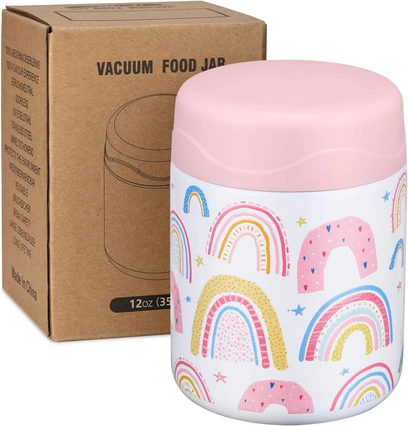 Wiwens 12Oz Soup Thermo for Hot Food Kids Insulated Food Jar Wide Mouth Lunch Container Leak Proof Stainless Steel Vacuum Bento Box for School Office Travel Outdoors White-Rainbow wiwens