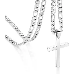 Cross Necklace for Men - Stainless Steel Silver Cross Pendant Necklace Simple Jewelry Gifts, 20/22/24/26 Inches 3:1 Figaro Link Chain 6mm Width