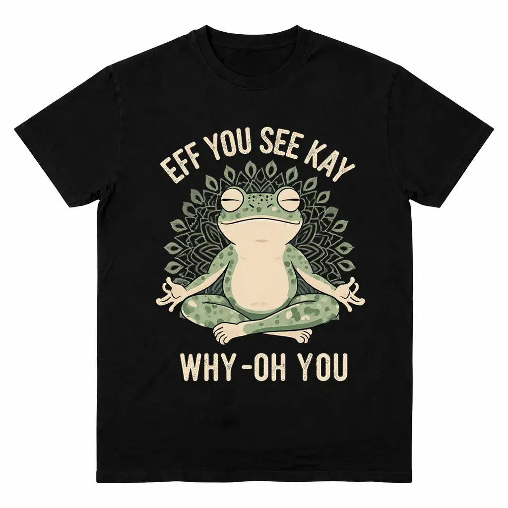 Shortsleeve Graphic T-Shirt for Men & Women, Casual Oversized Top with Funny 'Eff You See Kay' Frog & Retro Mandala, Smooth Seamless Cotton, Fabric, Round Neck, Soft