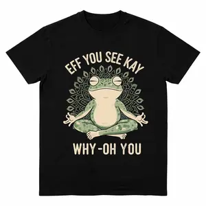Funny EFF YOU SEE KAY Frog Meditation Graphic T-Shirt.Tee Design with Retro Cream Text and Green Mandala Art,Oversized tshirts for Men&Women