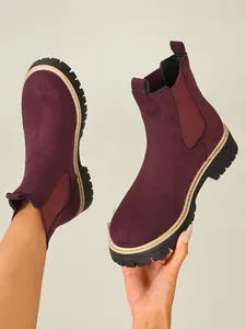Women's Wine Velvet Soft Chelsea Boots, Platform Chunky Heel Side Zip Round Toe, Fall & Winter Retro Urban Casual Style