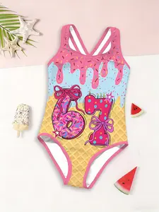 Girls' Birthday Theme Jumpsuit #67, Ice Cream Waffle Gradient Design, High Stretch Comfortable, Cute Party Swimwear, Swim Bodysuit