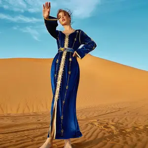 arab abaya New Handmade Glass Embroidered Blue Velvet Long Dress